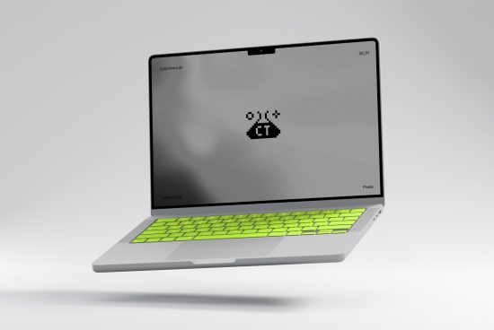 Modern laptop mockup with neon green keyboard and stylish screen design, perfect for tech-focused graphic presentations.